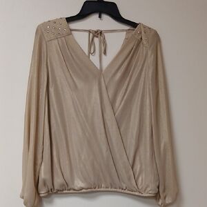 Thalia Sodi Gold Blouse with Embellished Shoulders